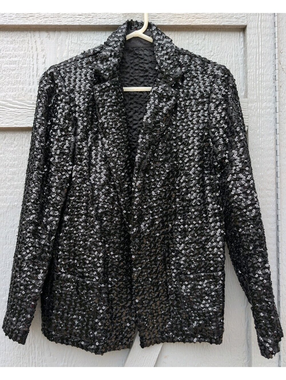 Vintage Partique Black Blazer Women's Size 12 W/Sequins Open Front, Pockets, USA